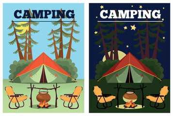 Camping cards. Campsite tent and bonfire. Hiking gear. Campfire with pot and camping chairs in morning and night landscape. Summer travel. Journey in nature. Vector tourists posters set