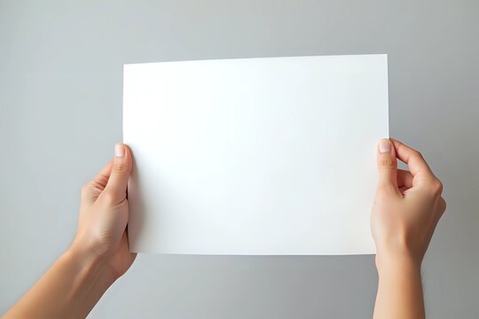 Gen Z hands holding blank white paper against neutral background. Close-up in cinematic style with copy space - Powered by Adobe