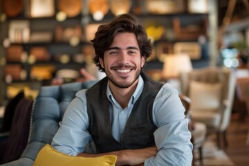 Fototapeta premium Young man smiling while sitting in a cozy setting