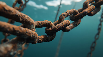 Close-up shot of old, rusty chains with an abstract blue background and blurred clouds. The chains appear to be submerged in water, giving the image a sense of mystery.