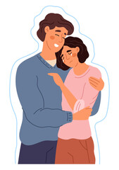 Young man comforts and protects crying girl. Psychological support and help for depression. Soothing embrace. Guy caring upset woman. Solidarity to worried sad person. Vector concept