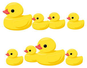 Yellow rubber ducks. Ducky family. Baby bathroom game. Isolated plastic birds floating on water. Animals fowl swimming in pool. Vector set of large and small childrens bath toys group