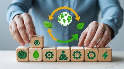 Wooden blocks to form a symbol of sustainability. Including a globe, leaf, person, gear, and energy bolt. Environmental responsibility, renewable energy, and sustainable. Eco-friendly,circular economy