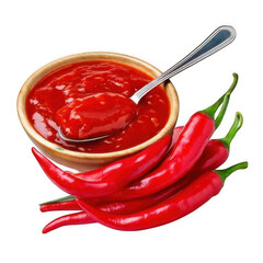 Red chili peppers with sweet chili sauce and spoon isolated on transparent or white backgroun
