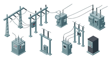Fototapeta na wymiar Isometric power substation elements with transformers and control panels