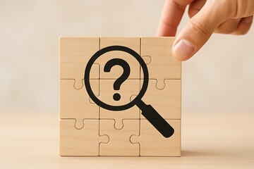 Hand placing the final wooden block to complete a puzzle featuring a magnifying glass with a question mark icon in the center. Symbolizing problem-solving, research, investigation, analysis