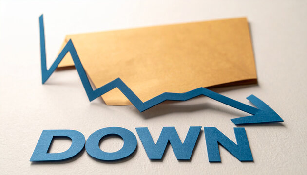 切紙で表現されたグラフが右下へと下降しdownを示すシンプルで強いビジュアル