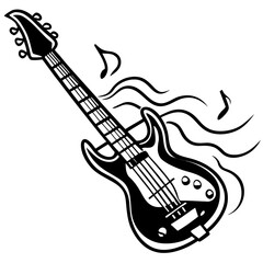 Dynamic electric guitar with musical notes and flowing lines