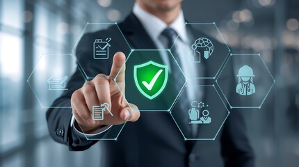 Business and safety. A green shield with a white checkmark, symbolizing security or protection.Other icons checklist, target, handshake, worker helmet, healthcare.Technology and safety assurance.