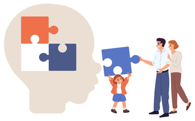 Parents and child with autism are putting together puzzle in silhouette of childs large head. Father and mother help little kid. Autistic disorder. Hyperactivity and ADHD. Vector concept