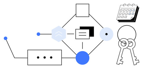 Connected shapes, calendar, and keys symbolize workflow, security, planning, and data handling. Ideal for productivity, cybersecurity, project management planning information flow networking