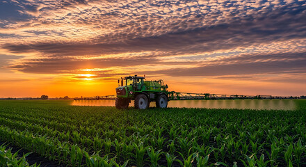 Sprayer tractor working on a field of young corn plants at sunset, spraying fertilizer.