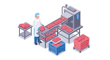 Obraz premium Isometric meat processing factory: automated assembly line and worker handling packaged red meat
