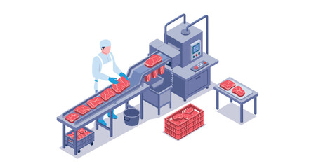 Isometric meat processing factory with worker packaging cuts on conveyor belt