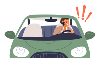 Man talking on his cell phone while driving car. Do not use phone while vehicle drive. Careless driver. Guy calling at steering wheel. Automobile traffic. Unsafe behavior. Vector concept