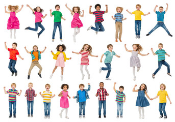 Fototapeta premium Diverse group of happy children in casual clothing jumping and dancing isolated on transparent background