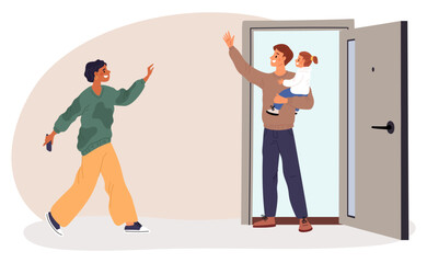 Obraz premium Man in love holding child in arms, meets his beloved woman at doorstep of their house. Family greeting at porch. Return home. Mother homecoming. Father with daughter. Vector concept
