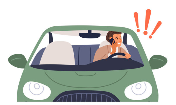 Man talking on his cell phone while driving car. Do not use phone while vehicle drive. Careless driver. Guy calling at steering wheel. Automobile traffic. Unsafe behavior. Vector concept