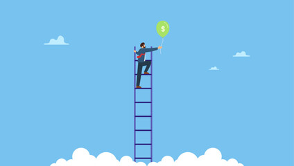 Success businessman climb up the ladder up to cloud to catching balloon with dollar money. Ladder of success, achieving financial goals or investor searching for profit and investment return. © Saklarboy