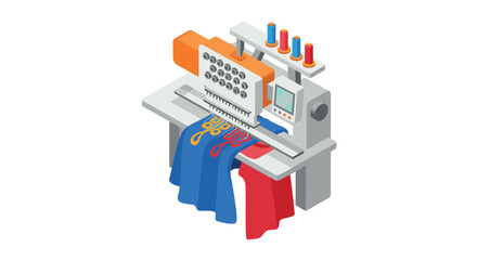 Fototapeta premium Colorful isometric embroidery machine with thread spools and fabric