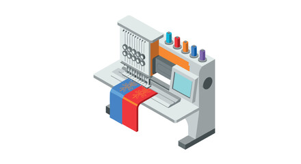 Isometric embroidery machine with colorful threads and textile design