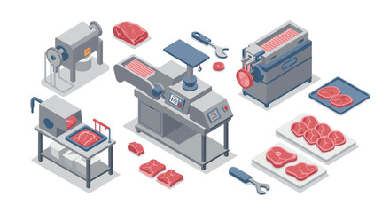 Obraz premium Modern meat processing equipment in isometric style for industrial use