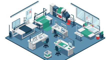 Modern isometric factory workspace with high-tech equipment and automation