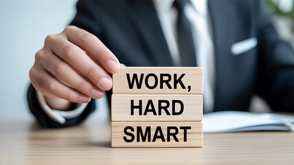 Obraz premium A close-up of a person’s holding wooden blocks with motivational words. One block says WORK, while the other shws HARD and SMART, symbolizing the shift from working hard to working smart.