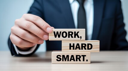 A close-up of a person’s holding wooden blocks with motivational words. One block says WORK, while the other shws HARD and SMART, symbolizing the shift from working hard to working smart.