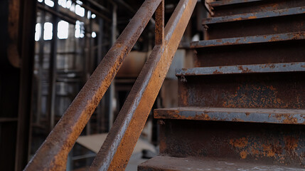 A close-up shot reveals aged metal stairs inside a derelict industrial building. Rust covers the steps and railings, telling a silent tale of decay. Sunlight streams in.