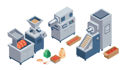 Isometric food processing machines with conveyor and packaging system in factory setting