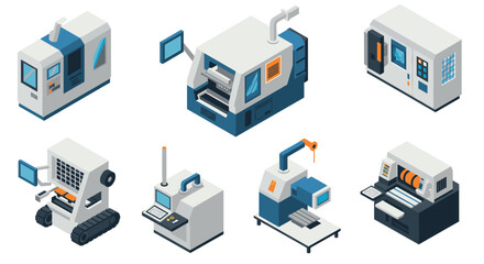 Isometric industrial machines set for manufacturing and production