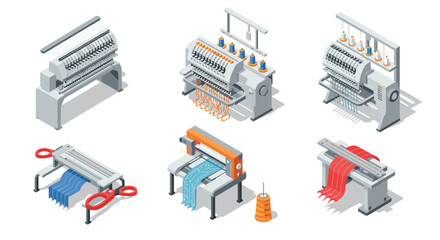 Obraz premium Isometric sewing machines set with embroidery and textile tools in 3d design