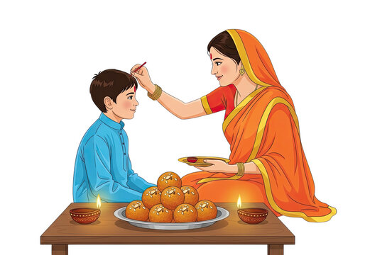 Mother applying tilak to son s forehead during indian festival celebration with sweets and diyas isolated on transparent background