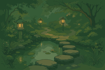 Naklejka premium Tranquil lantern-lit pond scene serene nature setting animated peaceful environment artistic perspective