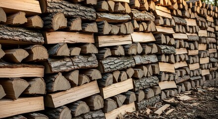 Photo of many piles of large pieces of firewood that have been cut neatly arranged high