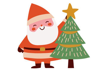 Smiling Santa Claus standing beside a Christmas tree and holding a golden star.