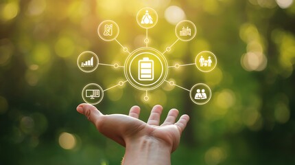 Digital icons floating above of hand. Mental energy, mindfulness, or well-being. Health, balance, sustainability, family, personal growth, and productivity. Holistic wellness, mental recharge.