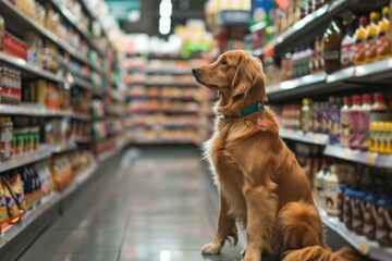 Golden retriever sitting in grocery store aisle