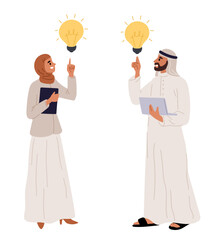 Arab man and woman come up with idea. Arabian people brainstorming. Islamic couple with lightbulbs of solution. Innovative startup. Creative and success. Progress lamp. Vector concept