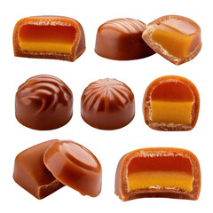 Set of caramel and chocolate candies cut in half isolated on transparent or white background