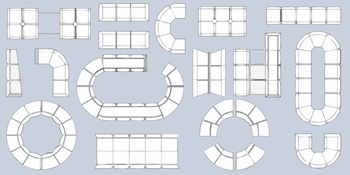 Collection of modular sofa sections and seating arrangements shown from a top down perspective