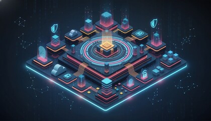 Abstract technology concept with digital network and cyber security system, data protection, dark theme. Isometric server and data storage background.