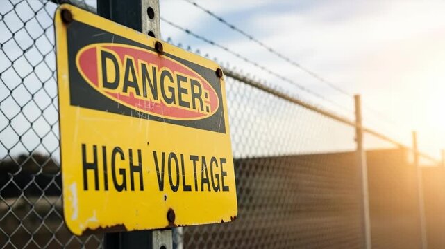 Yellow high voltage danger sign on fence. Warning about electric power. Safety concept and risk prevention footage.