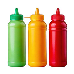Set of squeeze condiment bottles isolated on transparent or white background