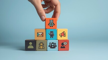 Cube structure made up featuring communication and technology-related icons. Chatbot or robot, email symbol, smartphone, group of people, customer support, megaphone, and chat bubbles.