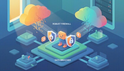 Isometric cybersecurity concept with cloud computing firewall protecting data. Secure network system and antivirus. Data protection from virus, malware and cyber attack.