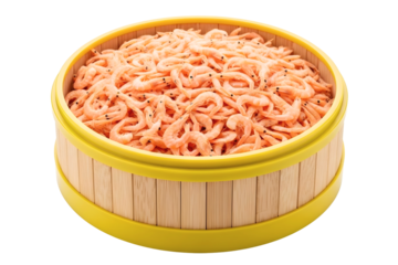 Ami shrimp in a yellow bamboo steamer isolated on transparent background