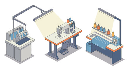 Isometric sewing machines: modern industrial design with various equipment types