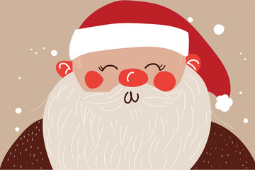 Close-up of a cheerful Santa Claus face with rosy cheeks, white beard, and red hat.
